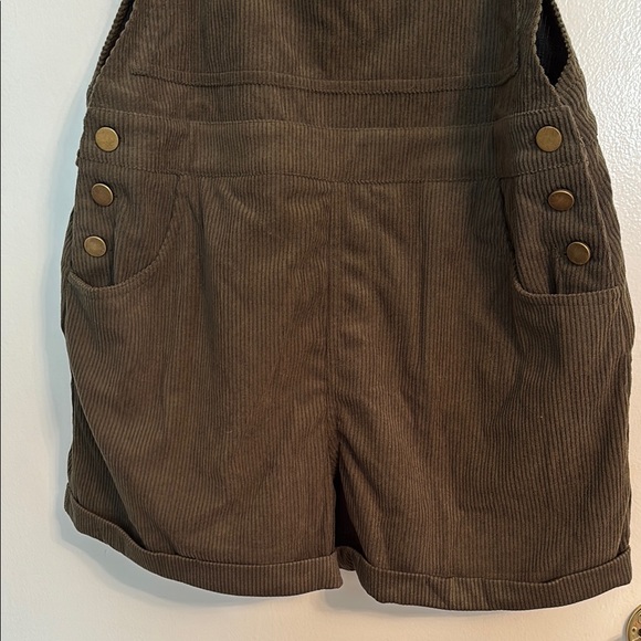 Army Green Women Corduroy Short Overalls - Picture 2 of 8